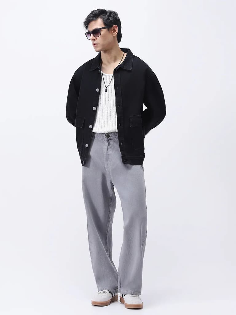 Men's Black Relaxed Fit Full Sleeve Utility Denim Jacket — photo 5
