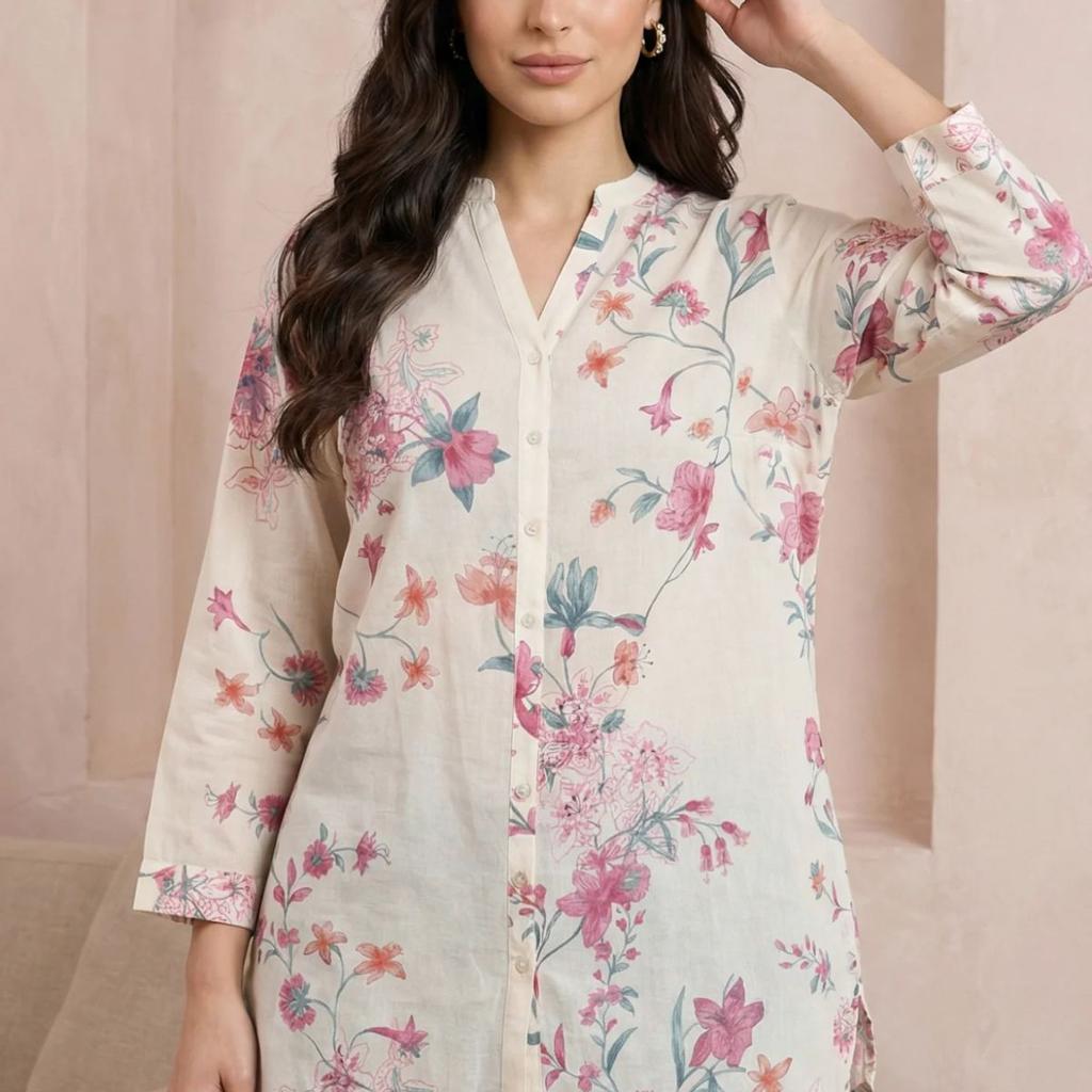 Off White Floral Printed Pure Cotton Straight Tunic