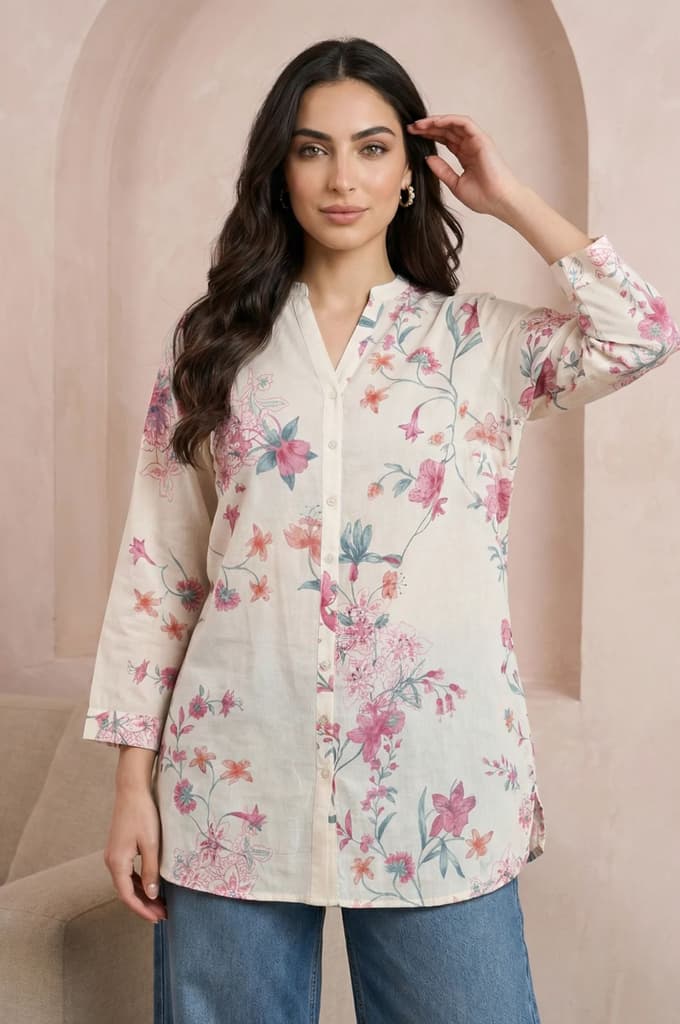Off White Floral Printed Pure Cotton Straight Tunic — XS