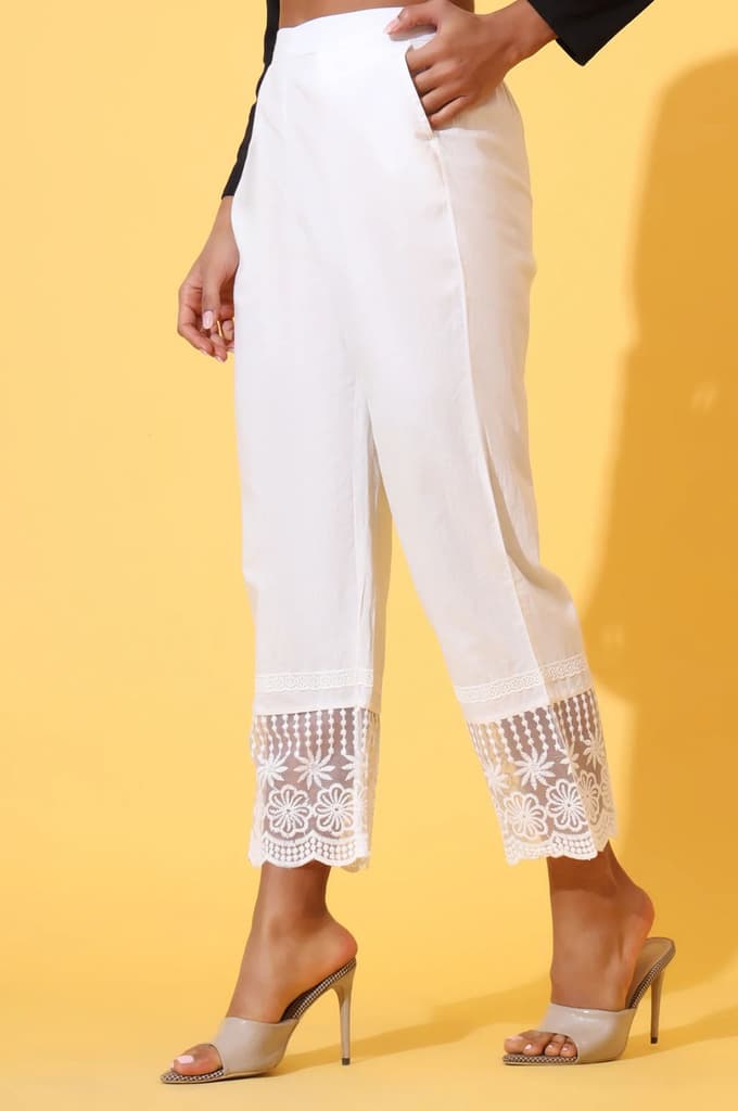 White Solid Pure Cotton Schiffli Embroidered Palazzo Pants — photo 3