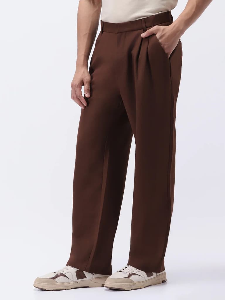 Men's Brown Loose Baggy Fit Solid Korean Pants Stretchable — photo 2
