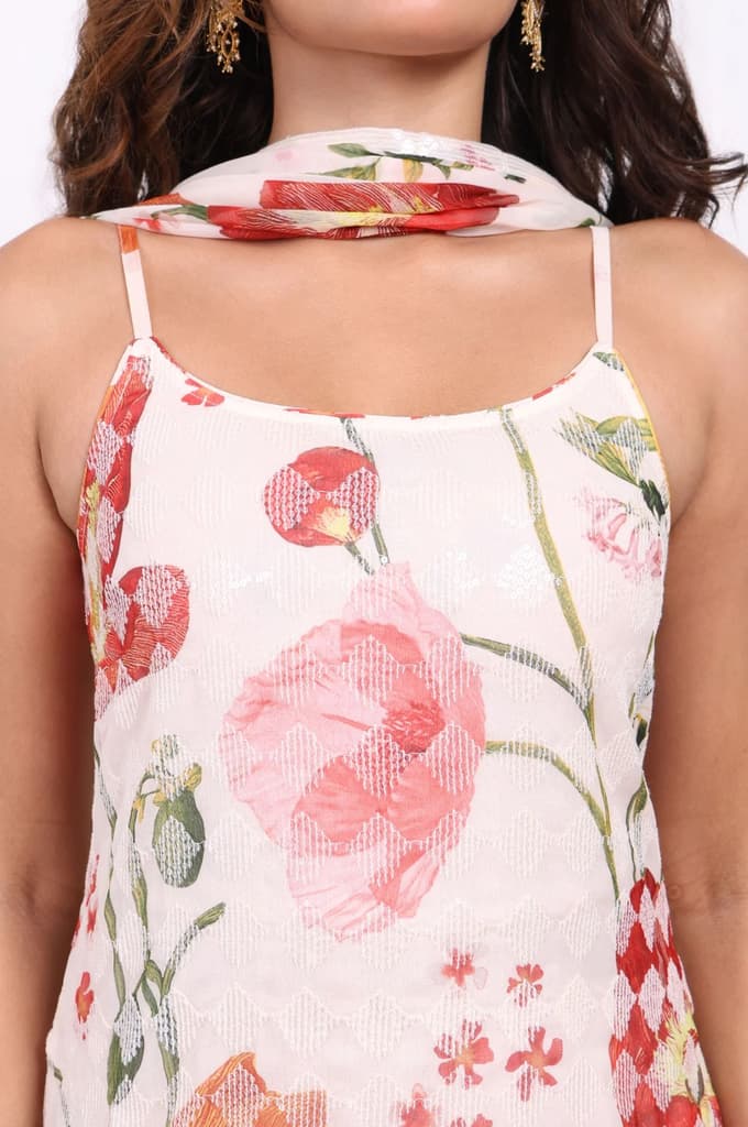 White Floral Printed A-Line Crepe Kurta with Culotte and Dupatta Set — photo 3