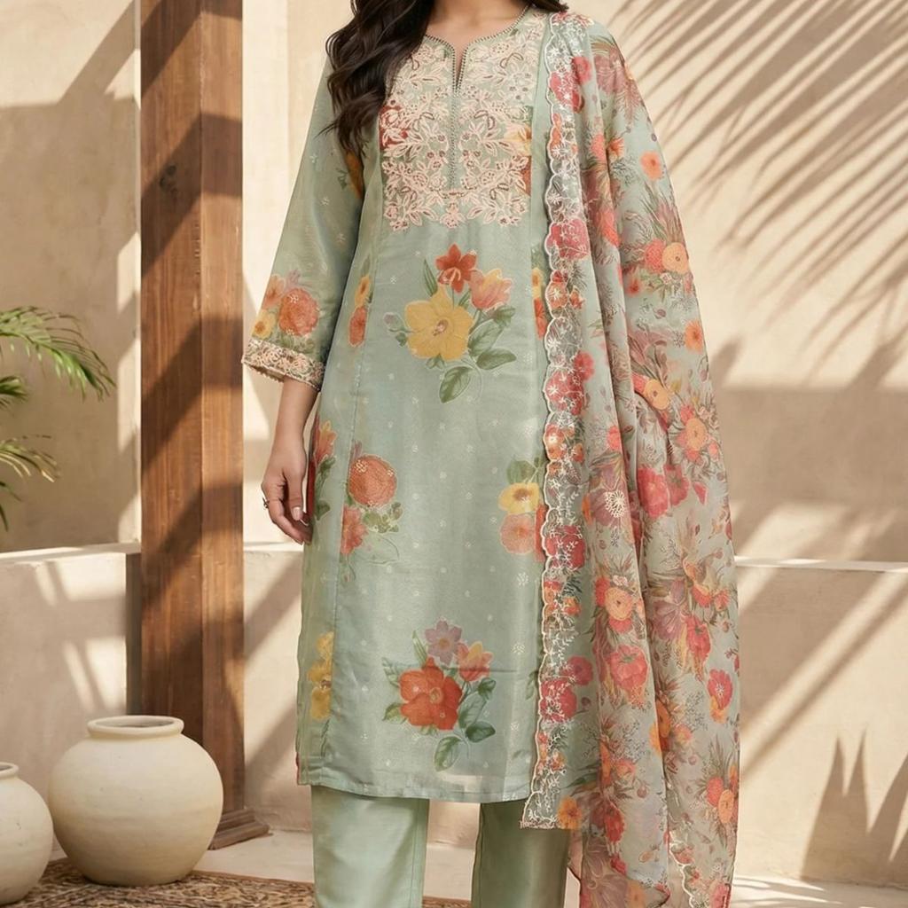 Green Floral Embroidered Straight Kurta with Pants and Dupatta Set