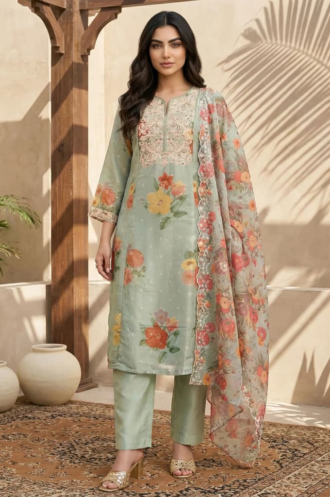 Green Floral Embroidered Straight Kurta with Pants and Dupatta Set — XS