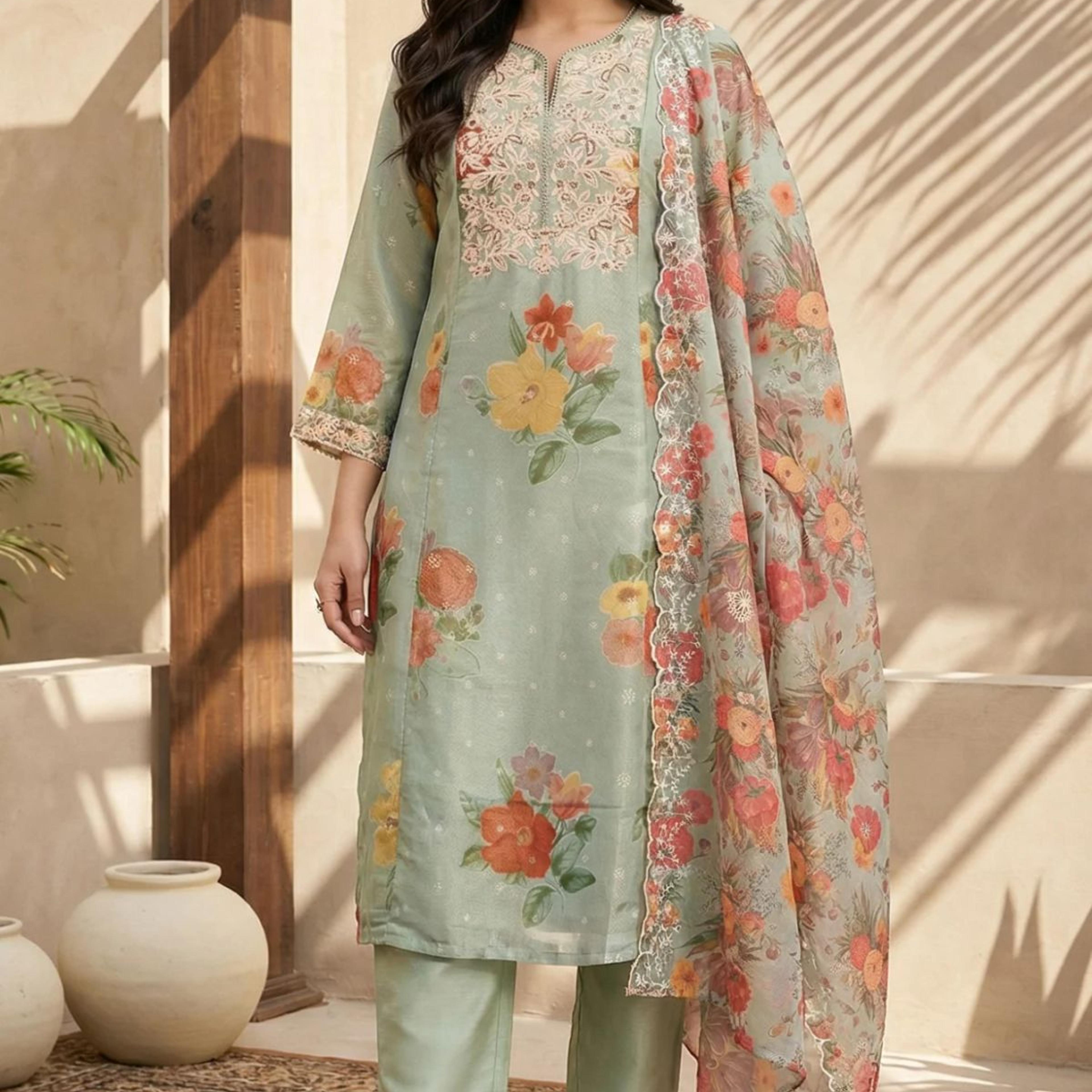 Green Floral Embroidered Straight Kurta with Pants and Dupatta Set