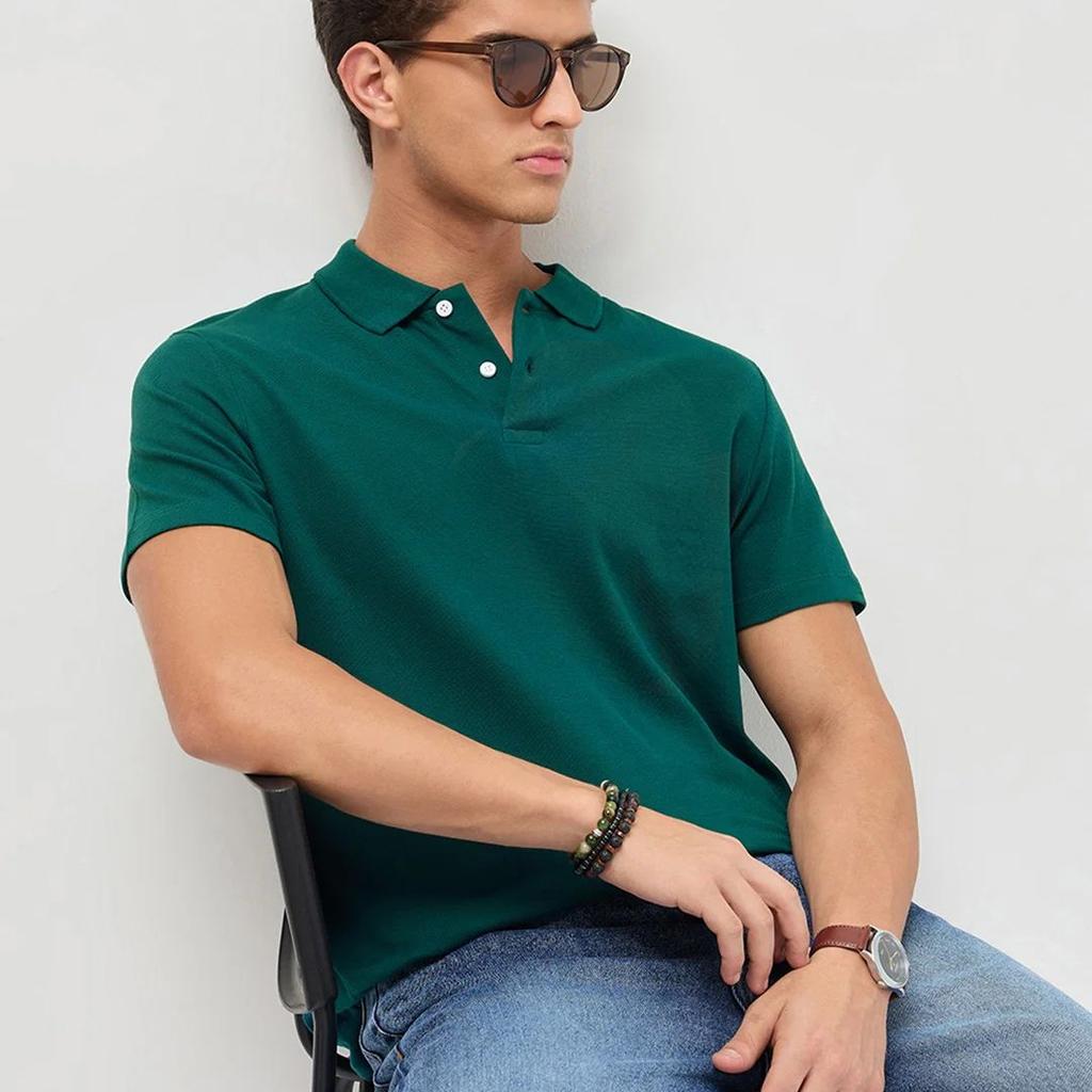 Men's Teal Green Solid Regular Fit Half Sleeve Cotton Polo T-Shirt
