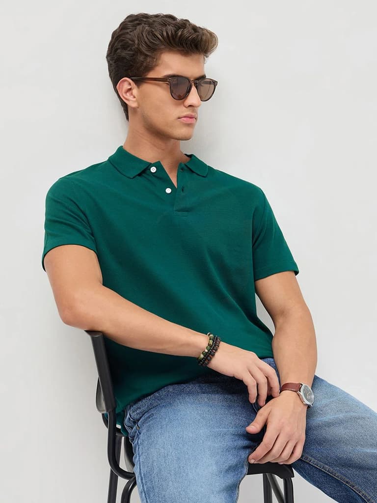 Men's Teal Green Solid Regular Fit Half Sleeve Cotton Polo T-Shirt — S / Teal Green