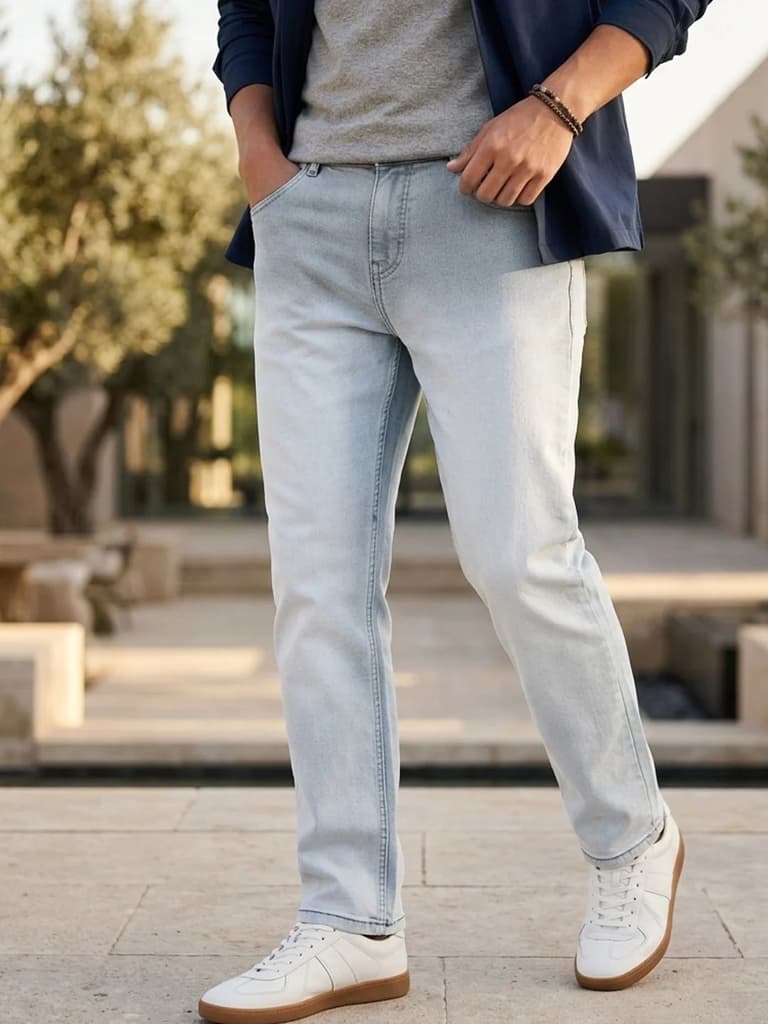 Men's Light Grey Straight Fit Heavy Washed Faded Denim Jeans Stretchable — 28 / Light Grey