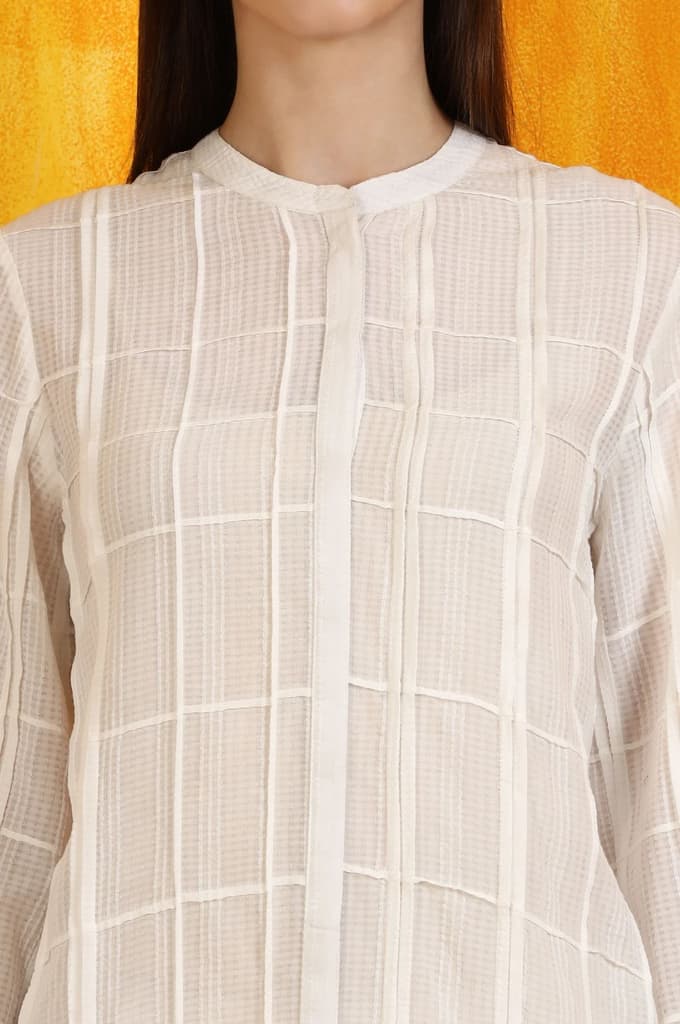 White Cotton Dobby Textured Top with Pleats — photo 3