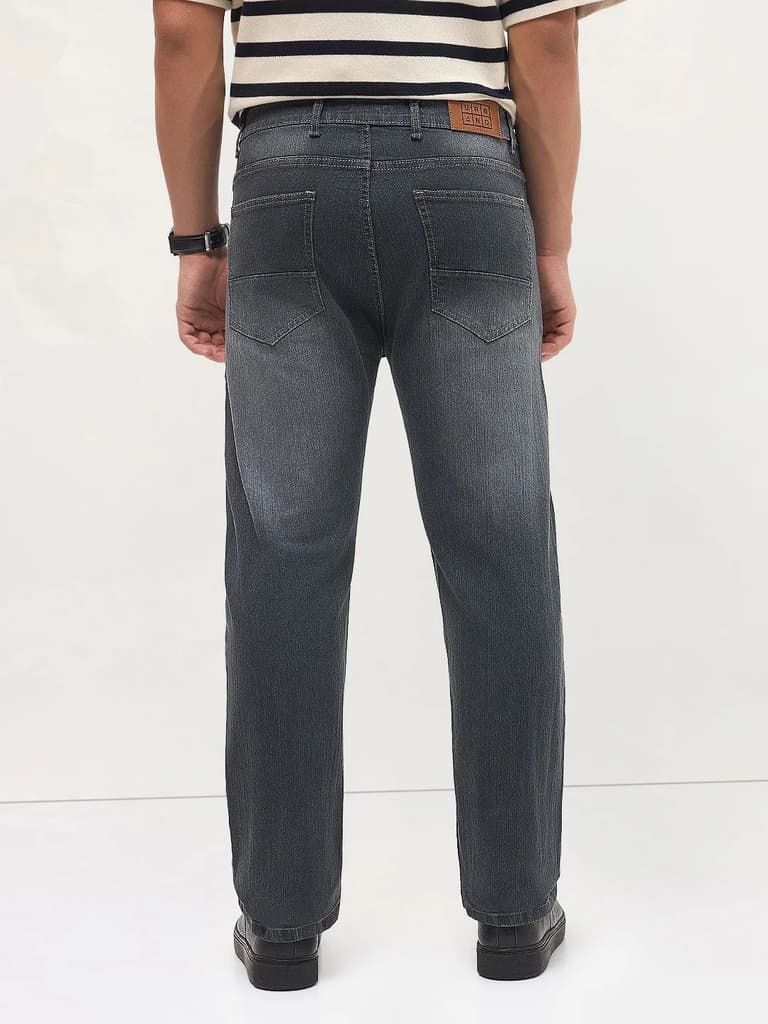 Men's Dark Grey Straight Fit Washed Denim Jeans Stretchable — photo 4