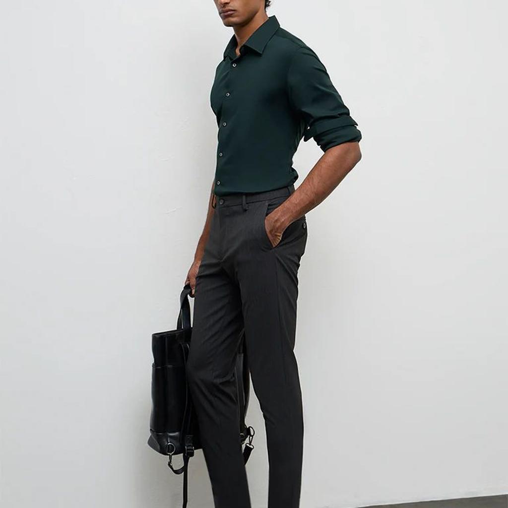 WES Formals Charcoal Pinstripe Relaxed-Fit Mid-Rise Trousers