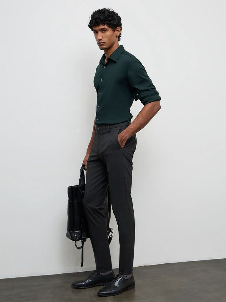 WES Formals Charcoal Pinstripe Relaxed-Fit Mid-Rise Trousers