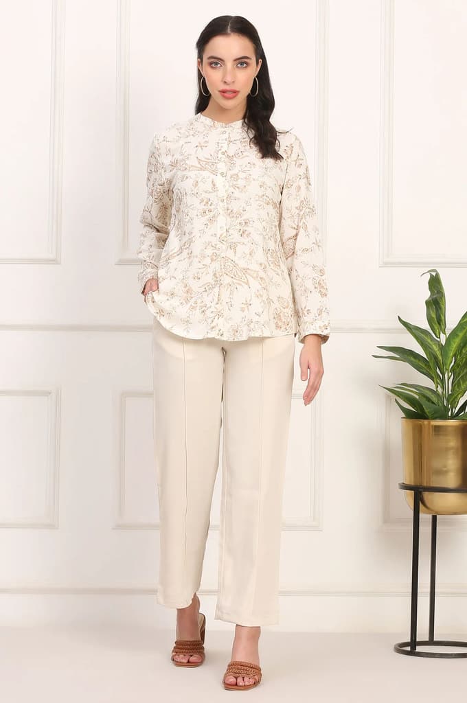 White Floral Printed Dobby Mandarin Collar Top — photo 2
