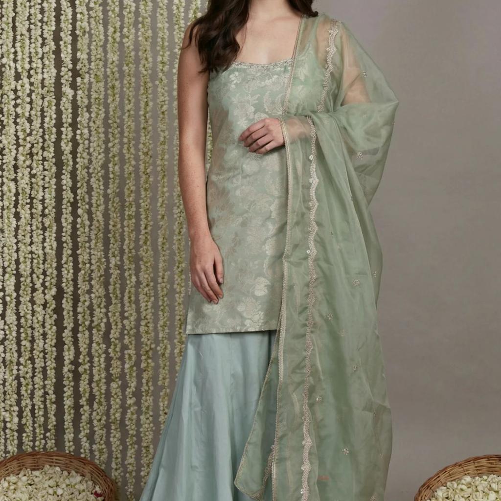 Green Jacquard Zari Straight Kurta with Sharara and Dupatta