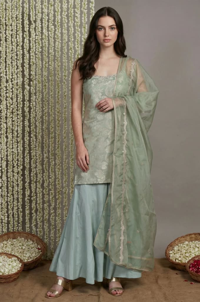 Green Jacquard Zari Straight Kurta with Sharara and Dupatta — XS