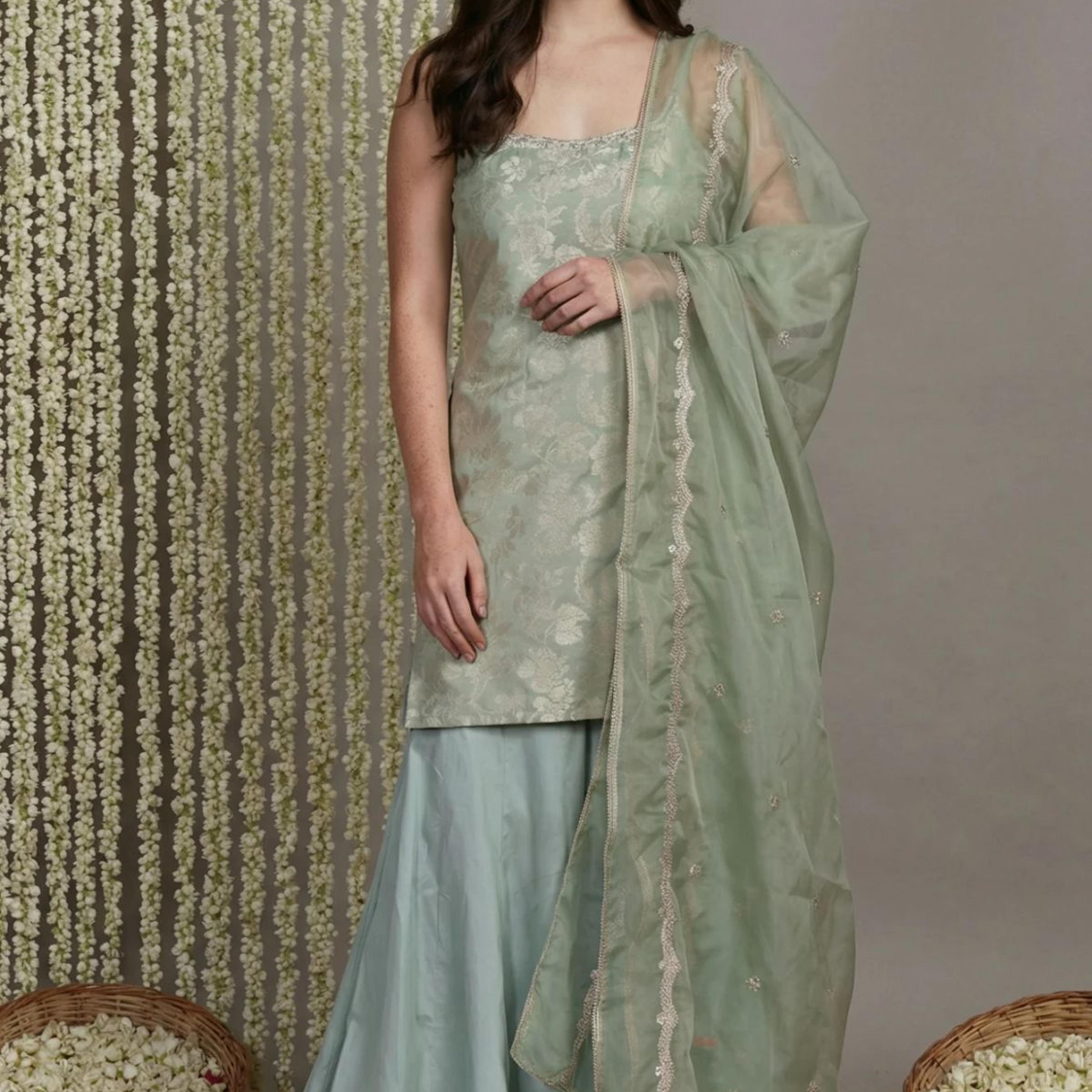 Green Jacquard Zari Straight Kurta with Sharara and Dupatta