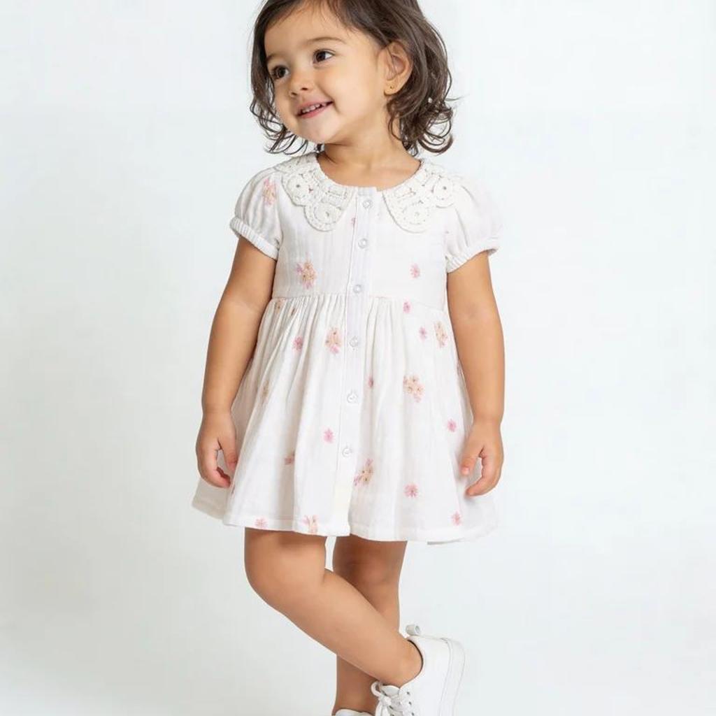 HOP Baby Girls White Floral Embroidered Cotton Dress