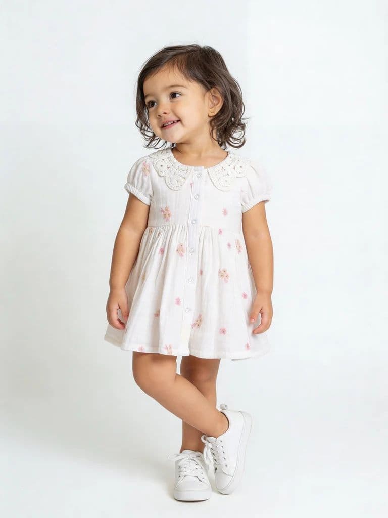 HOP Baby Girls White Floral Embroidered Cotton Dress