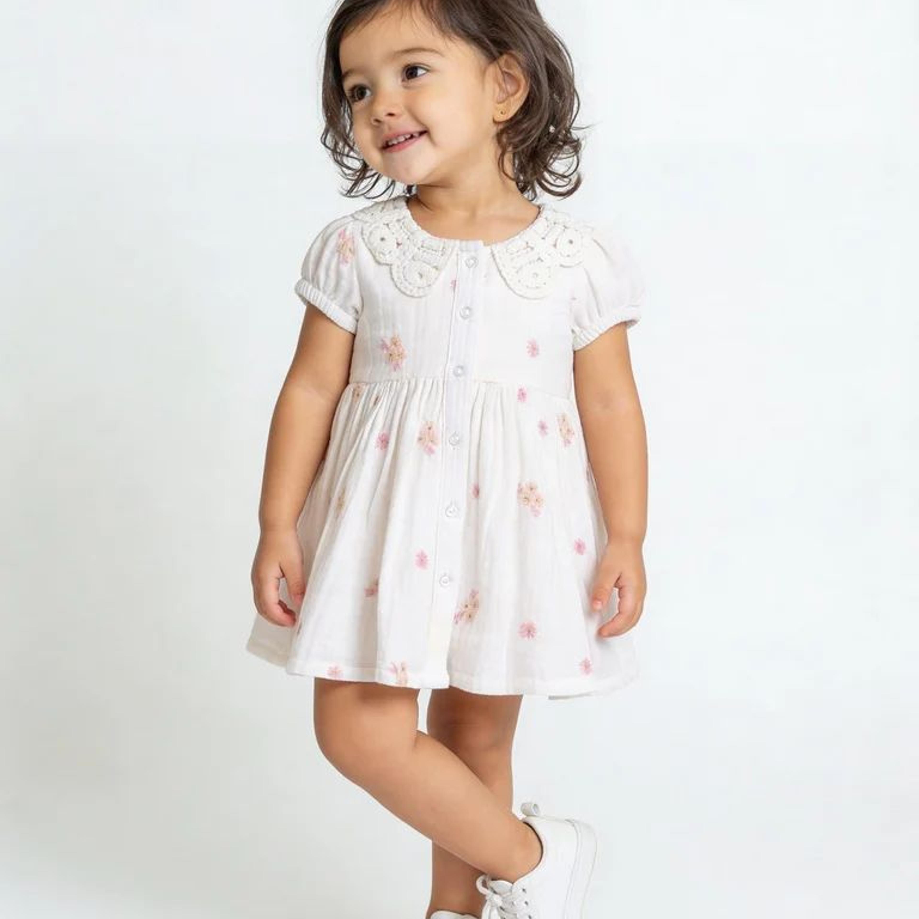 HOP Baby Girls White Floral Embroidered Cotton Dress