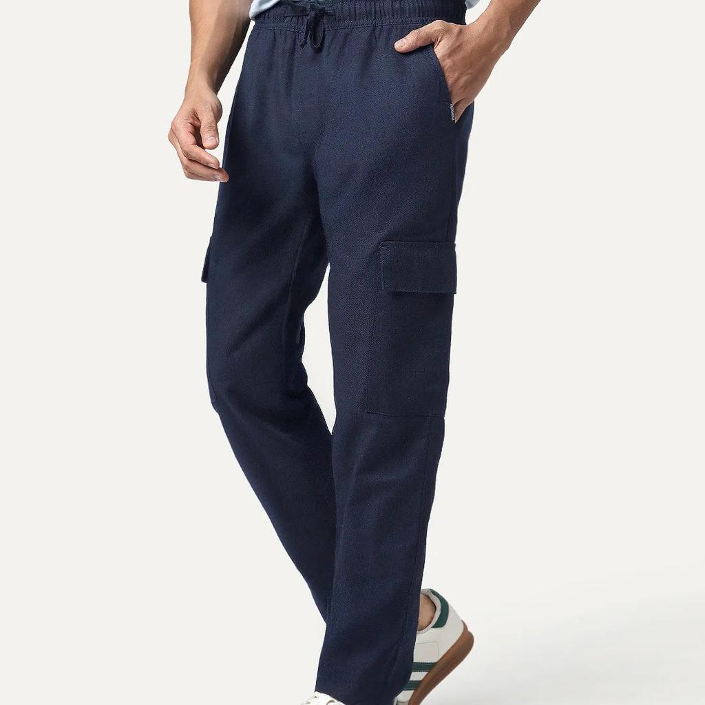 Men's Navy Straight Fit Linen Cargo Pants with 6 Pockets