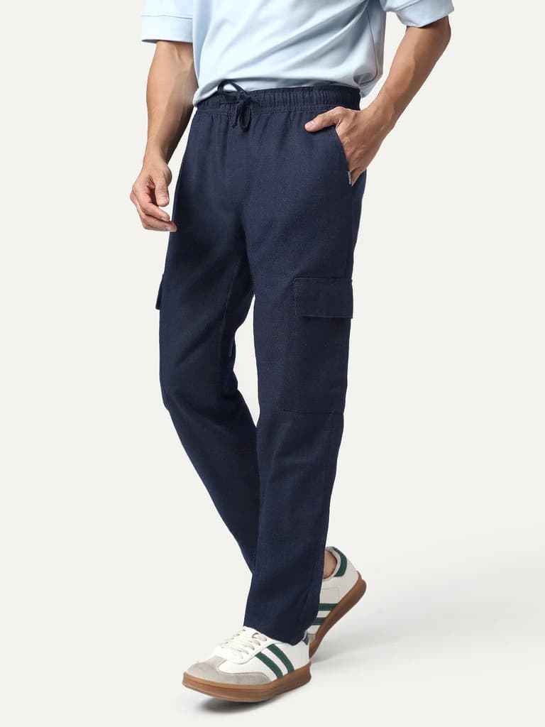 Men's Navy Straight Fit Linen Cargo Pants with 6 Pockets — 28 / Navy