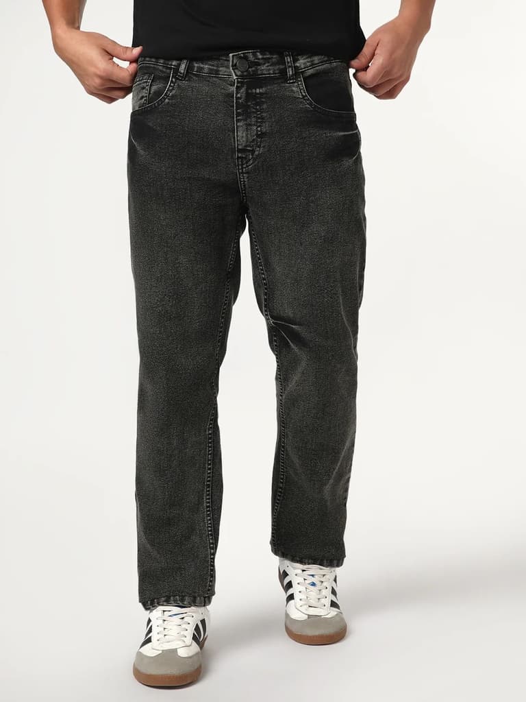 Men's Black Regular Fit Acid Washed Denim Jeans Stretchable — 28 / Black