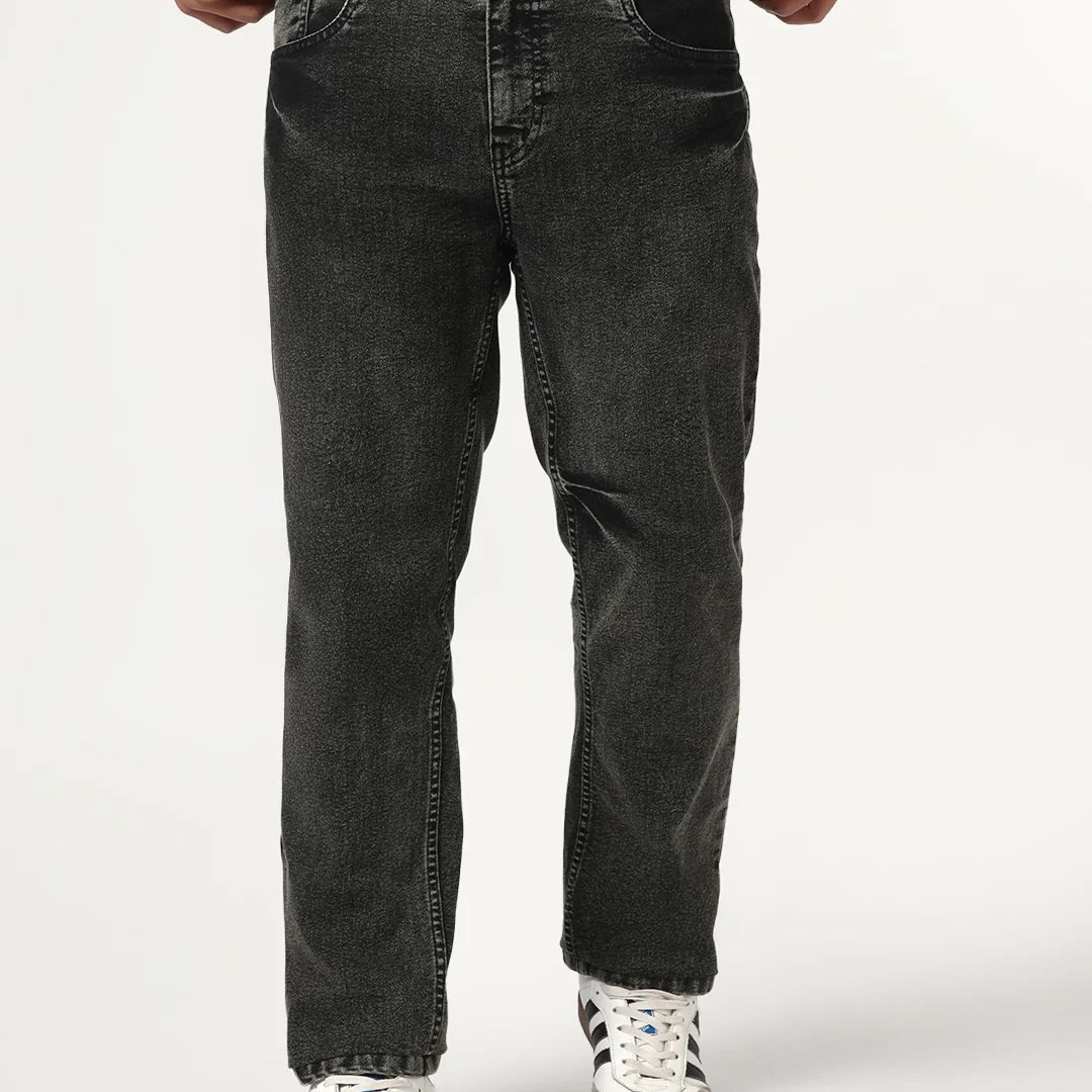 Men's Black Regular Fit Acid Washed Denim Jeans Stretchable