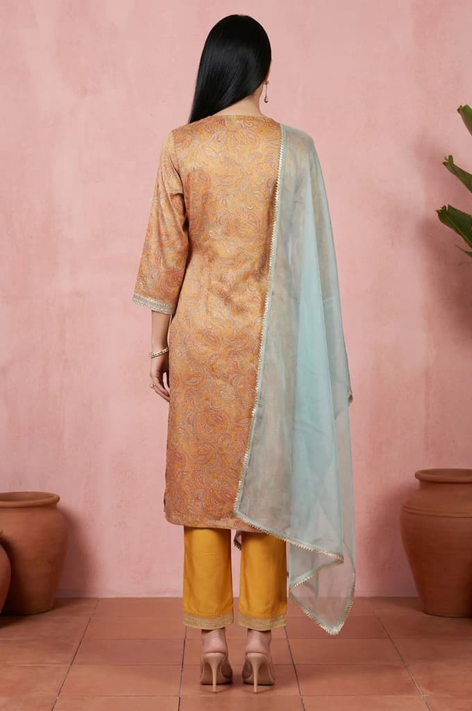 Mustard Sequins Paisley Printed Tissue Straight Kurta with Straight Pants and Dupatta Set — photo 5