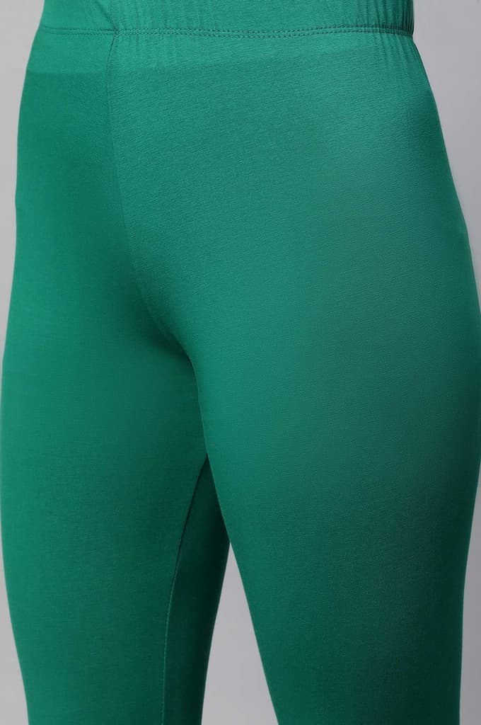 Green Solid Skinny Fit Cotton Tights With Elasticated Waist — photo 6