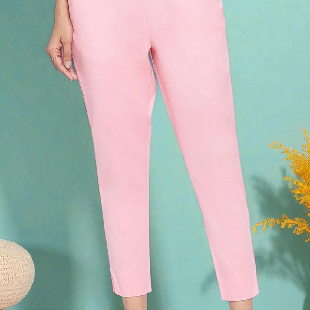 Pink Solid Cotton Flax Trousers in Ankle Length