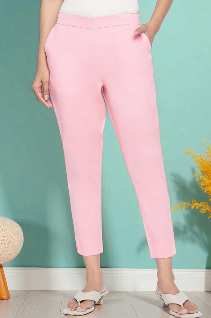 Pink Solid Cotton Flax Trousers in Ankle Length