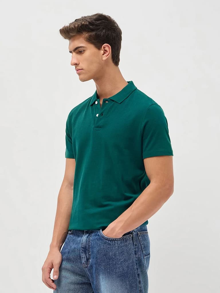 Men's Teal Green Solid Regular Fit Half Sleeve Cotton Polo T-Shirt — photo 2