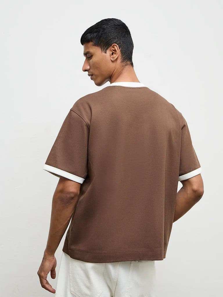 Nuon Brown Contrast Detailed Relaxed-Fit Cotton-Blend T-Shirt — photo 5