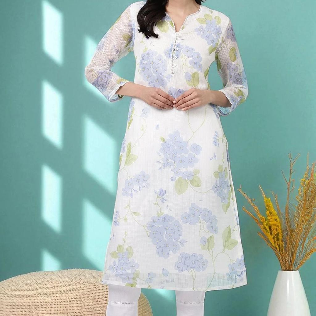 White Floral Printed Kota Straight Kurta