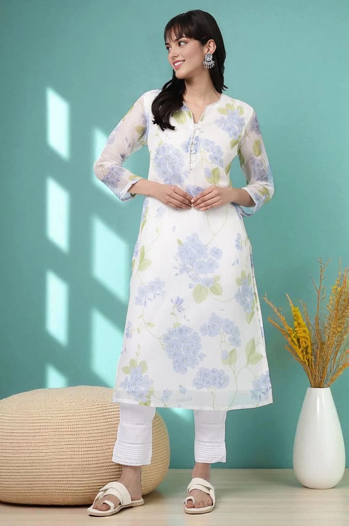 White Floral Printed Kota Straight Kurta — XS