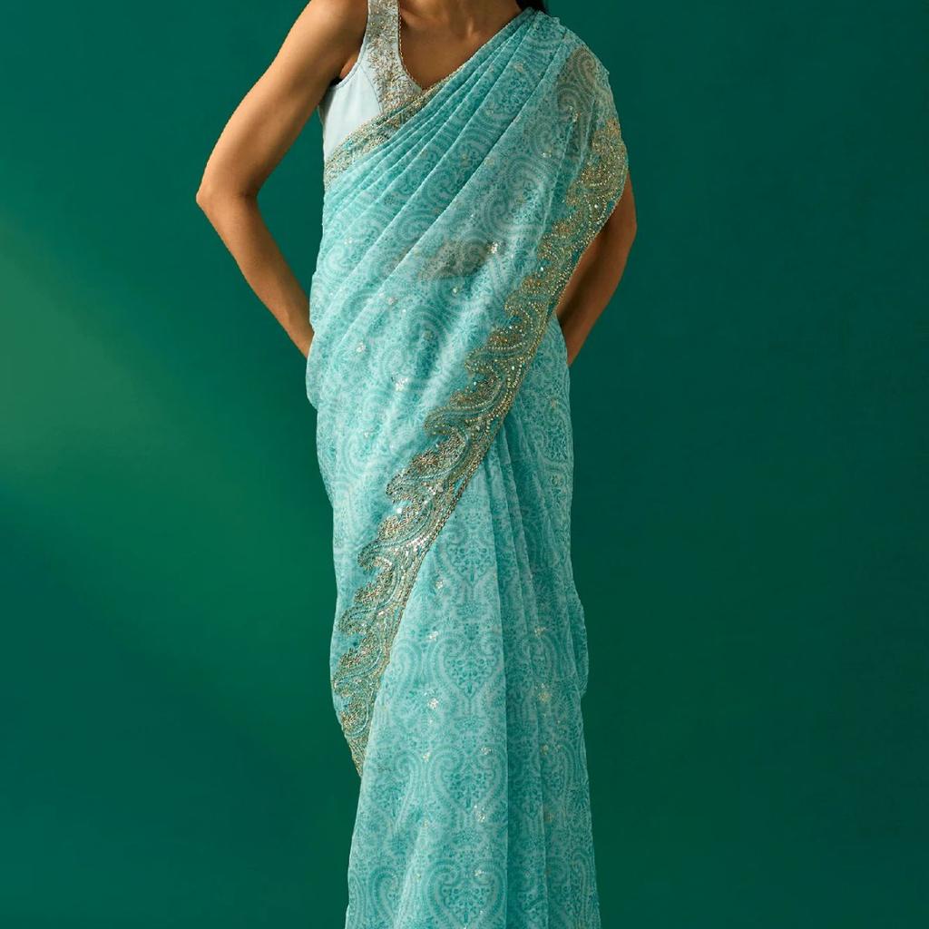 Light Blue Floral Printed Embroidered Zari Work Net Saree with Unstitched Blouse