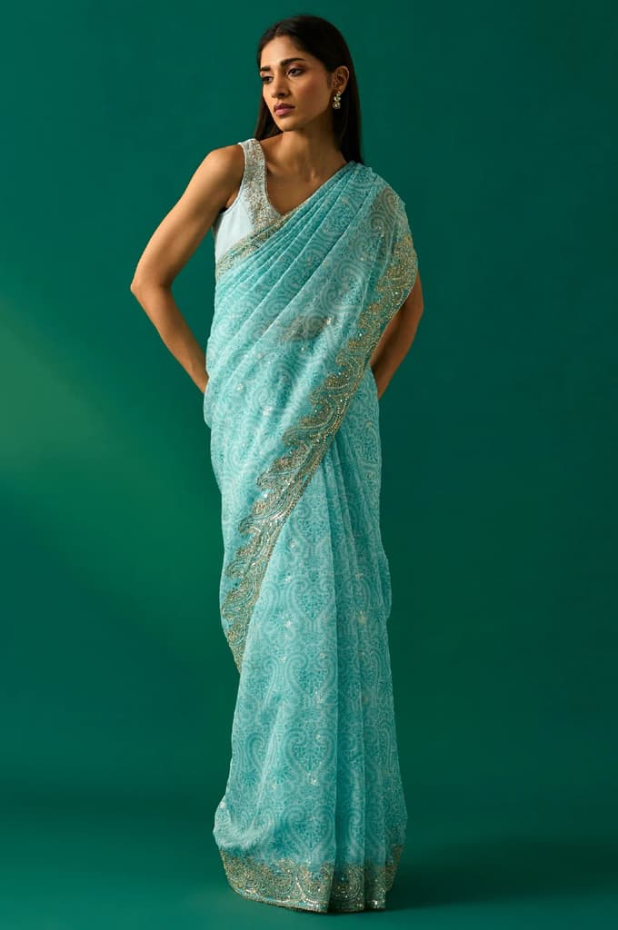 Light Blue Floral Printed Embroidered Zari Work Net Saree with Unstitched Blouse — FS