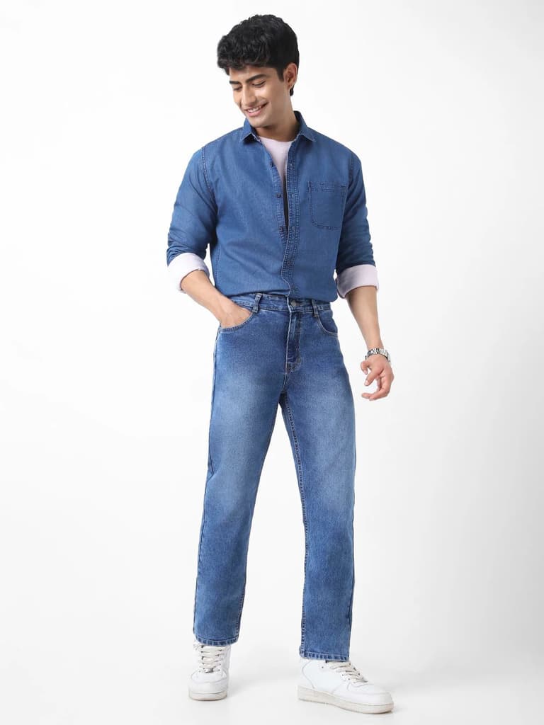 Men's Blue Straight Fit Washed Jeans Stretchable — photo 4