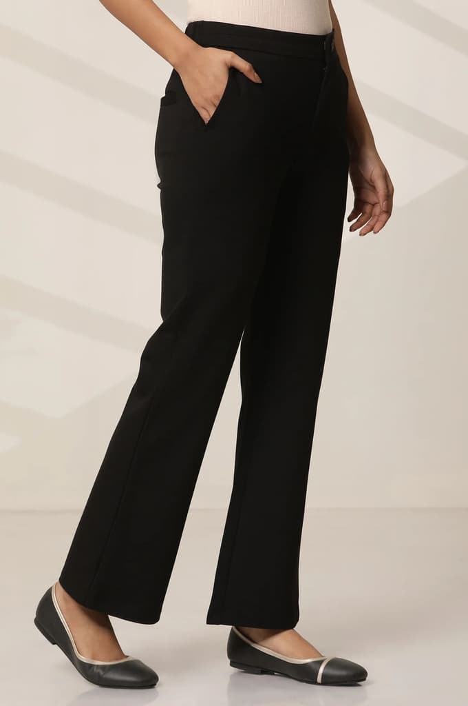 Black Solid Straight Fit Pants With Elasticated Waist — photo 5