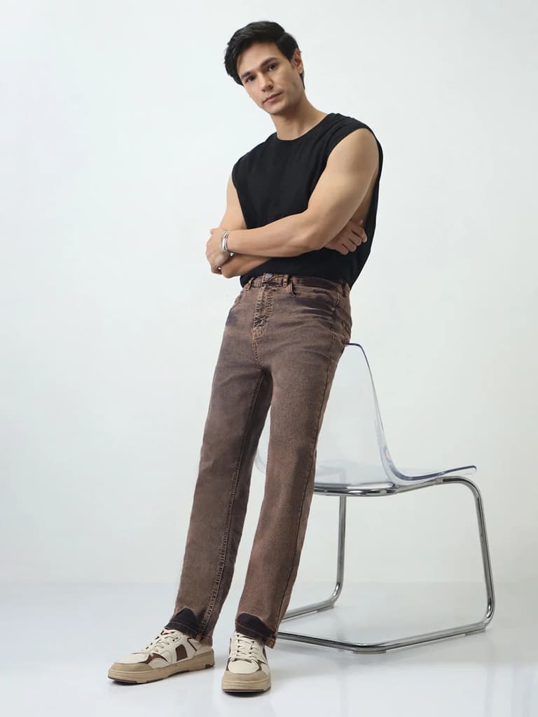 Men's Light Brown Straight Fit Heavy Washed Jeans Stretchable — photo 4