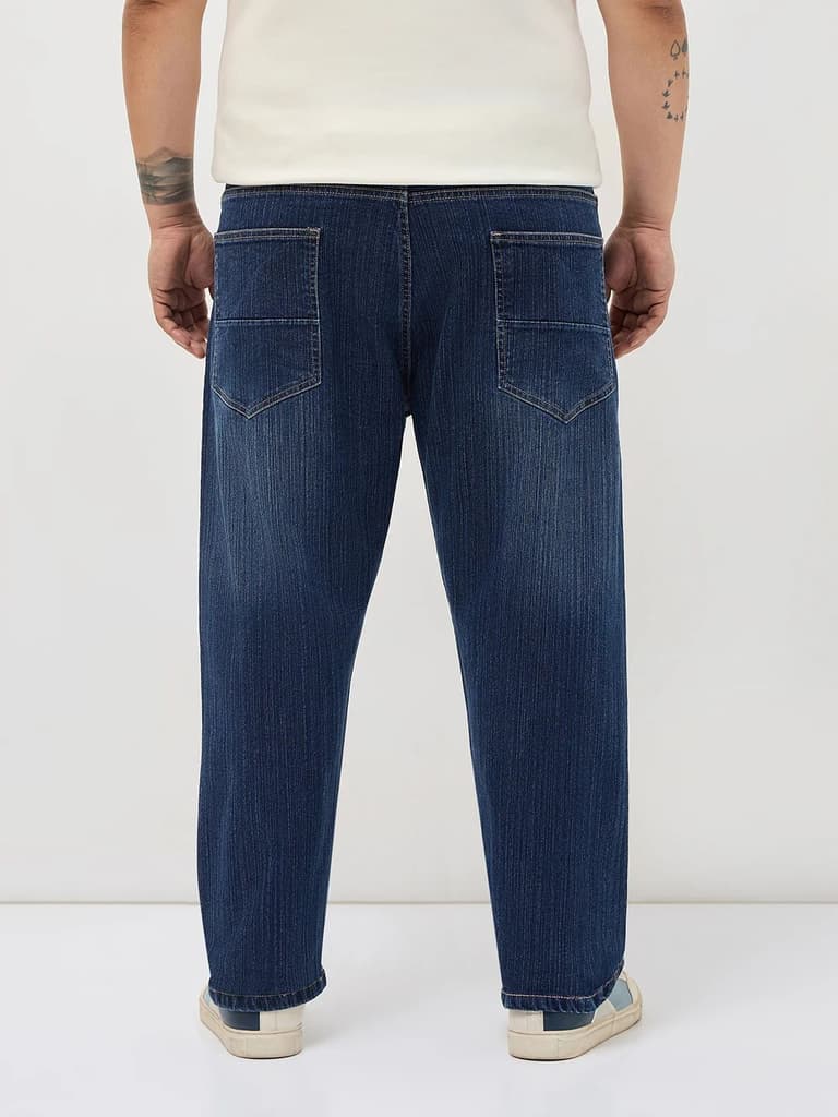 Plus Men's Blue Straight Fit Washed Denim Jeans Stretchable — photo 3