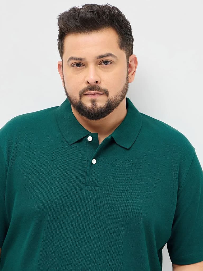Plus Men's Teal Green Solid Regular Fit Half Sleeve Cotton Polo T-Shirt — photo 5