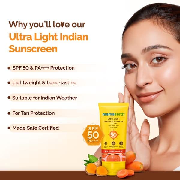 Mamaearth Ultra-Light Indian Sunscreen SPF 50 PA++++ – In-Vivo Tested (ISO 24444 & ISO 24442 Certified, CTRI/2025/07/090388) - 80g