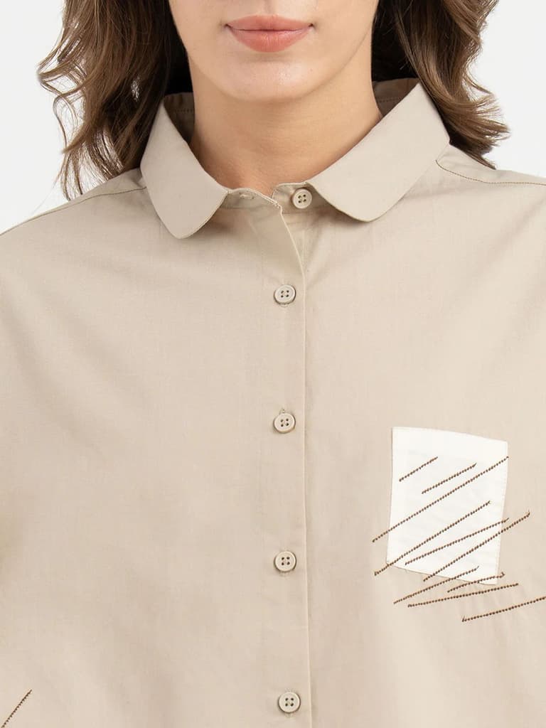 Shirts for Women in Dusty Olive | Embroidered 3/4th Sleeve Shirt — photo 4
