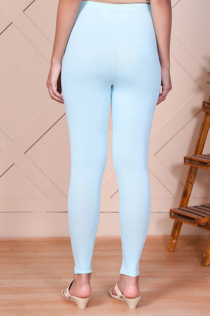 Elleven Women's Light Blue Solid Ankle-Length Cotton Leggings — photo 4