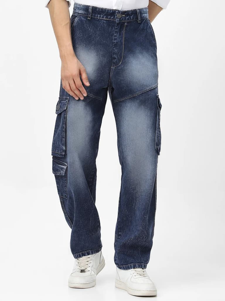 Men's Navy Loose Fit Cargo Jeans With 7 Pockets Non Stretchable — 28 / Navy