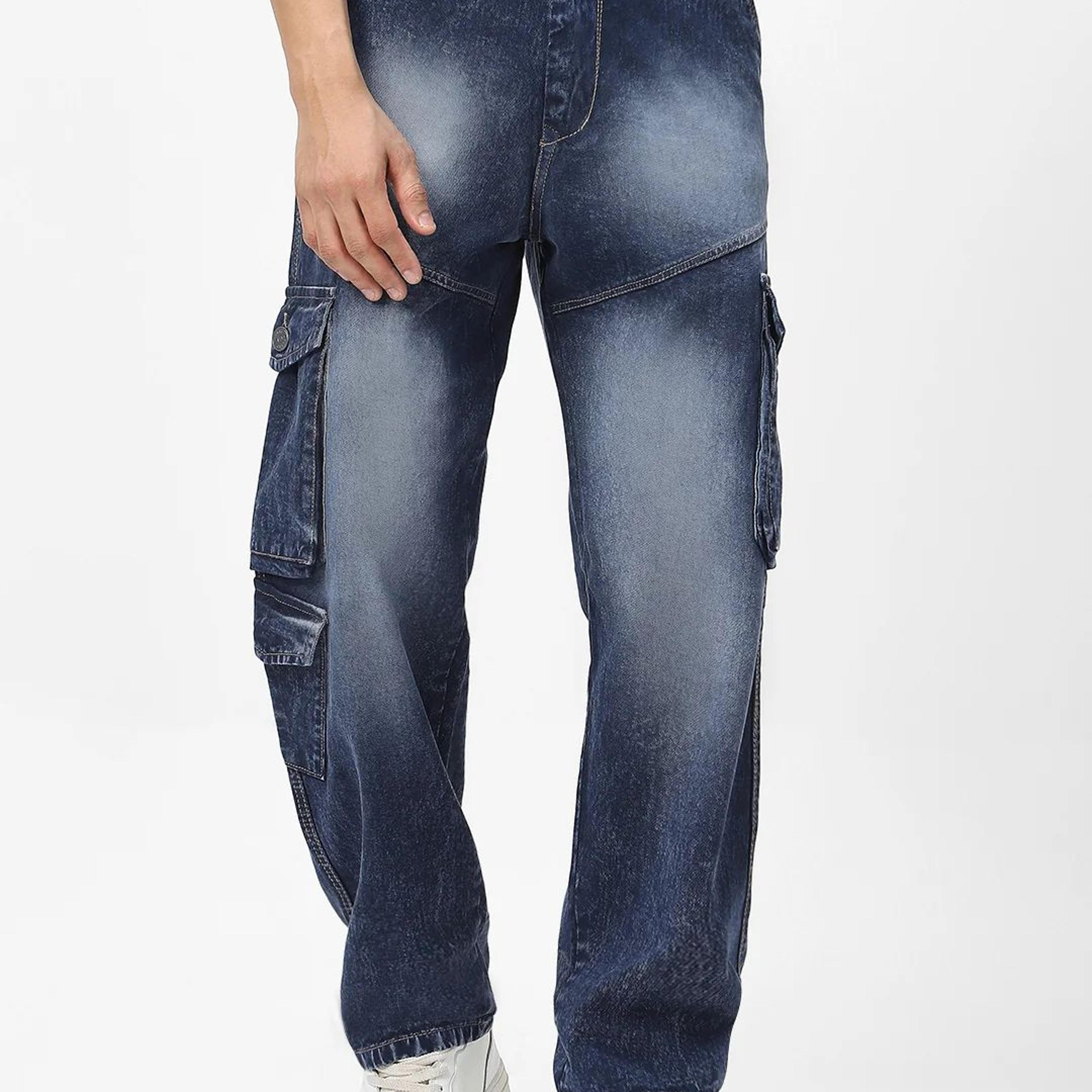 Men's Navy Loose Fit Cargo Jeans With 7 Pockets Non Stretchable