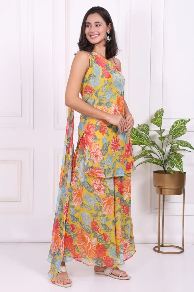 Yellow Floral Printed Straight Kurta and Flared Pants Set — photo 6