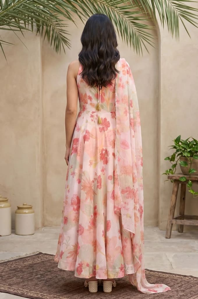 Pink Floral Printed Flared Dress with Dupatta Set — photo 4