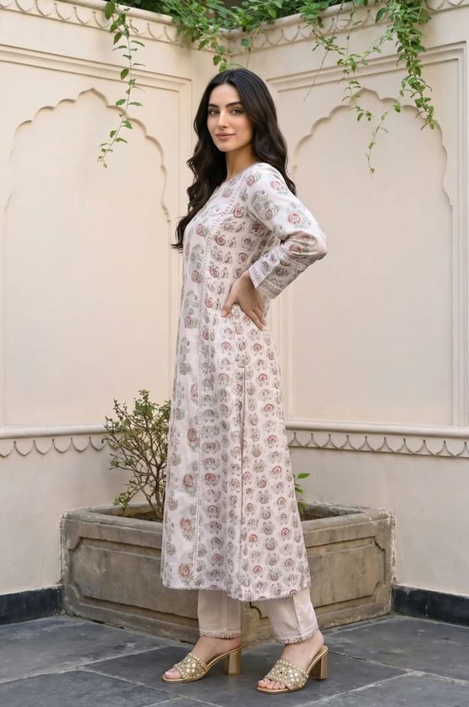 Off-White Floral Printed Silk Blend A-Line Kurta with Straight Pant and Dupatta Set — photo 3